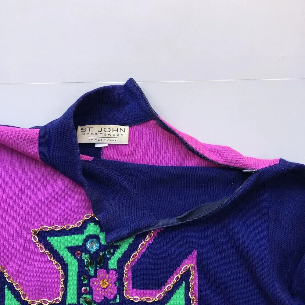 St John Sportswear Marie Gray High Neck Sweater Cross Jeweled Women Small FLAW